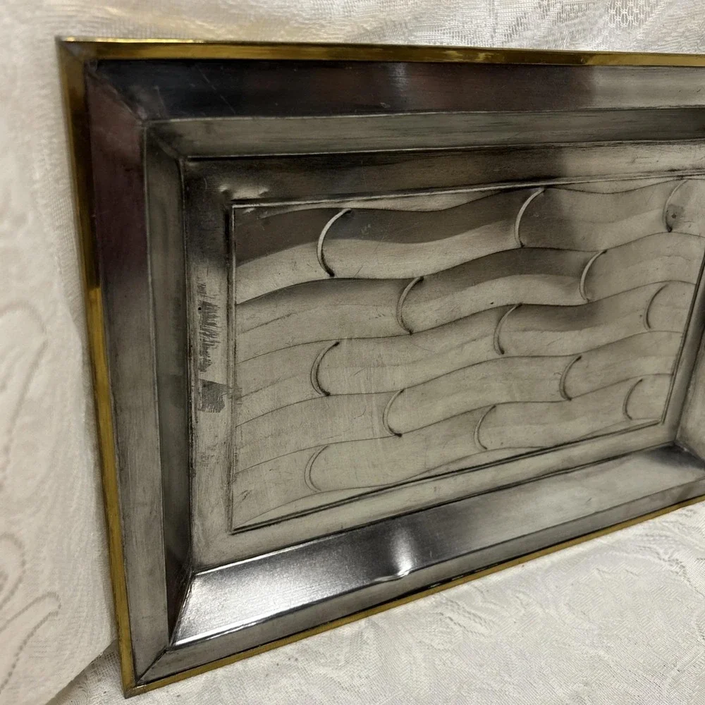 Metal Tray Two Tone‎ Silver Gold Faux Bamboo Pattern Made in Mexico